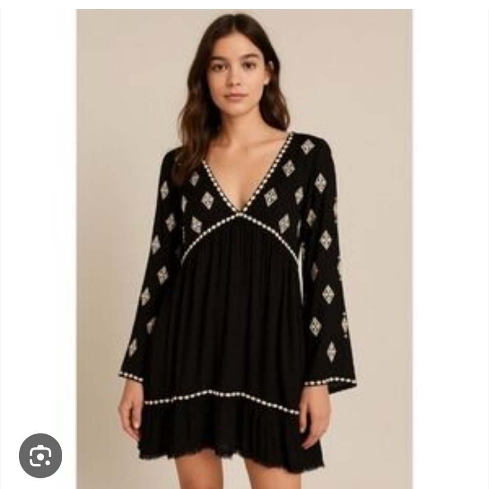 Free People Black Tunic with White Embroidery